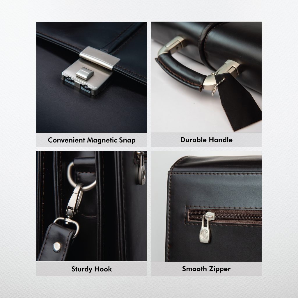 Professional product photography showing details of leather briefcase.