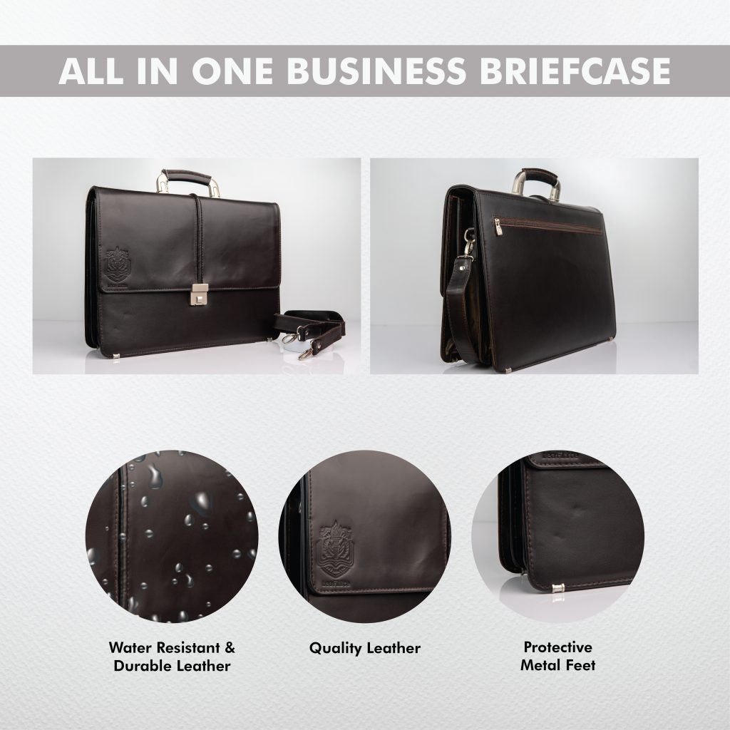 Professional product photography showcasing attributes of leather briefcase.