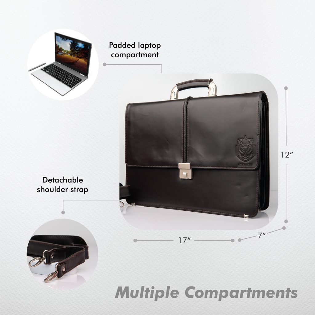 High-quality product photography of a leather briefcase.